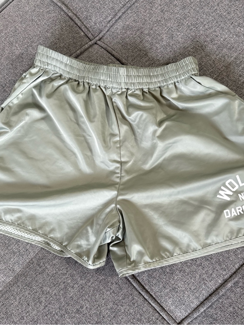 Darc Sport Sage Green Women's Athletic Shorts with White Logo S Pockets